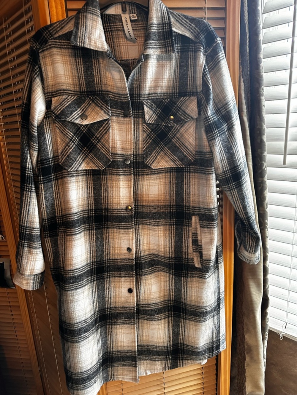 Black & White Plaid Long Button-Up oversized Shacket